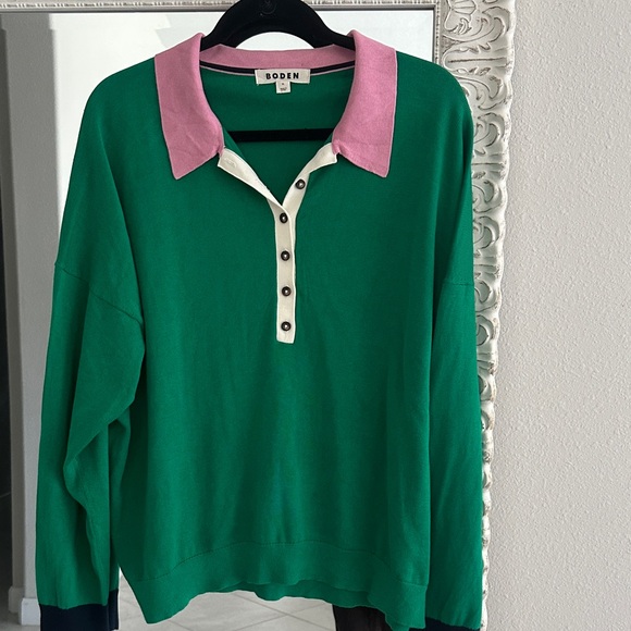 Boden Sweaters - Boden Lara Relaxed Henley Green Sweater with Pink Collar and Cream Placket